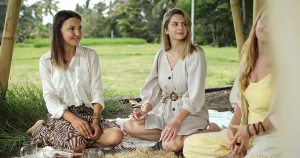 Kız Arkadaşlar Piknik Sırasında Katlanmış Bacaklarıyla Battaniyelere Oturup Gülümserler — Stok video