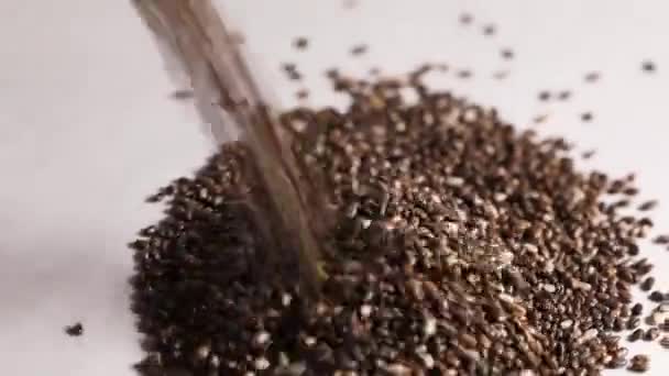Tiro close-up de uma semente de chia caindo e girando em uma mesa branca. 60 fps — Vídeo de Stock