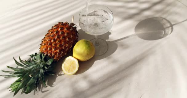 Sonnige Aufnahmen von Ananas, Zitrone, Palmenschatten und einem Glas Limo — Stockvideo