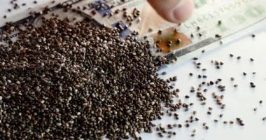 Bir el, Chia tohumlarıyla kaplı 100 dolarlık banknotu çıkarır. 4K videosunu kapat