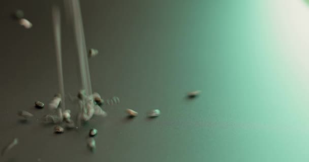 Großaufnahme kleiner Chiasamen, die bei grünem Licht auf einen grauen Tisch fallen. 4K-Filmmaterial — Stockvideo