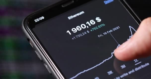 The chart of the Ethereum cryptocurrency exchange rate is scrolled by finger — Stock Video