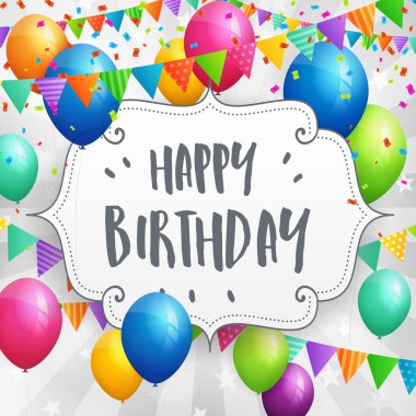 Balonlar, bayraklar ve konfeti ile doğum günü tebrik kartı