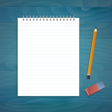 Kurşun kalem ve silgi ahşap mavi tahta masa ile not etmek