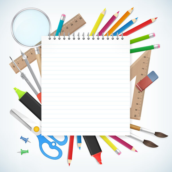 school supplies business background with empty notebook