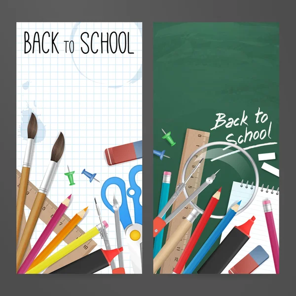 Bannière vectorielle de retour à l'école avec fournitures scolaires Graphismes Vectoriels