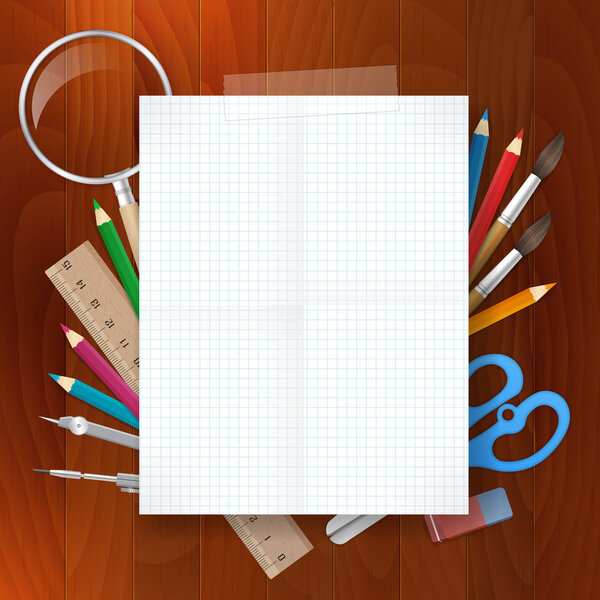 blank paper with school supplies tools on wood background