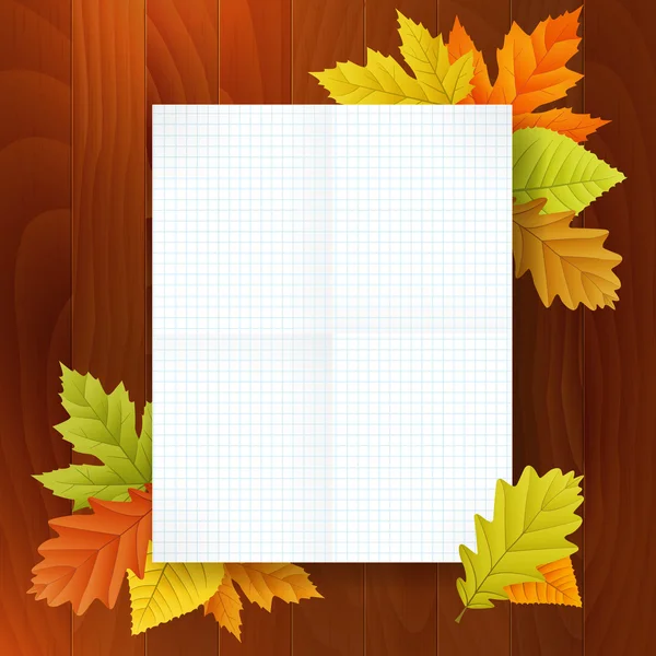 Bloc de notas en blanco otoño sobre fondo de madera — Vector de stock