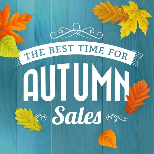 Autumn sales business poster on blue wood background — Stock Vector