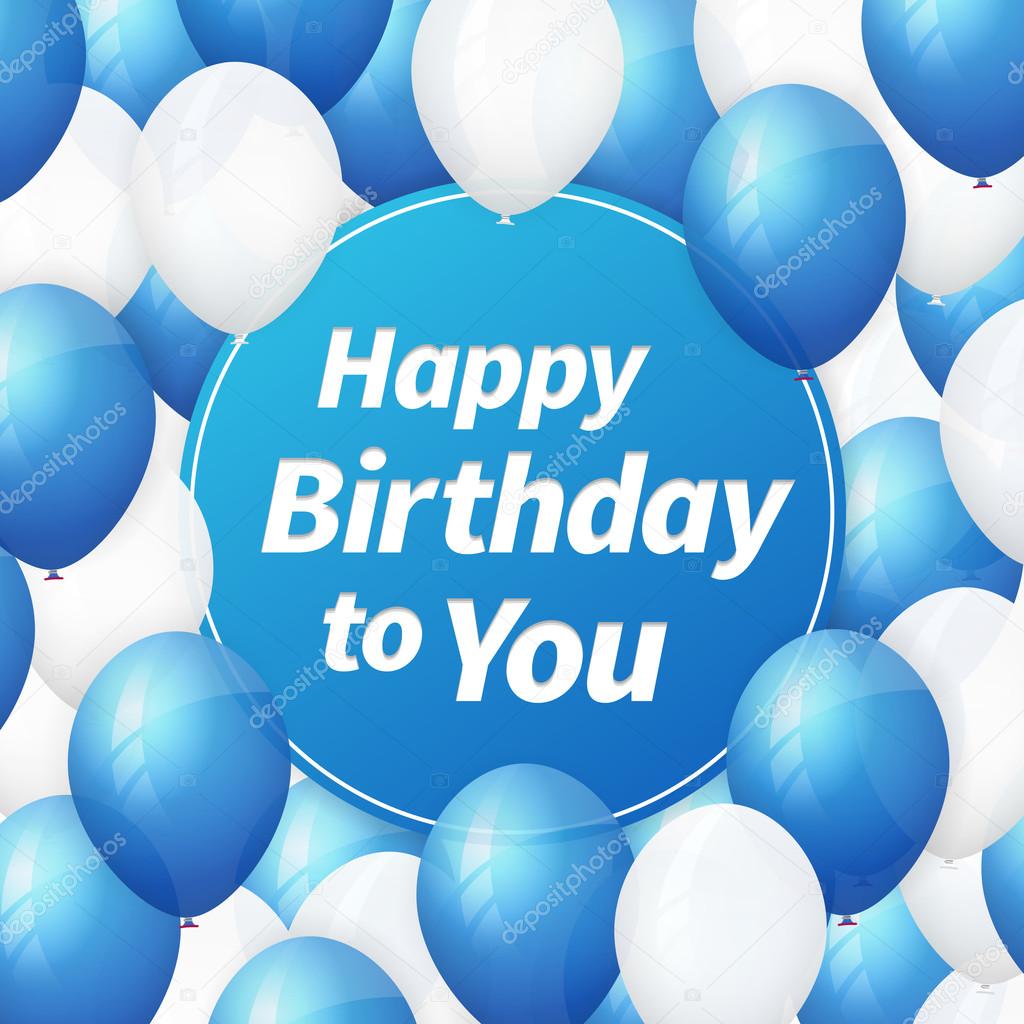 happy birthday greeting card with white and blue balloons