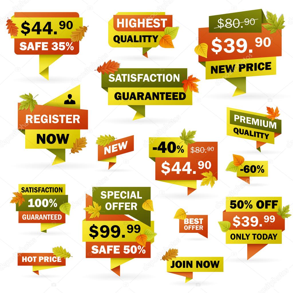 Set business autumn price labels with colored leafs