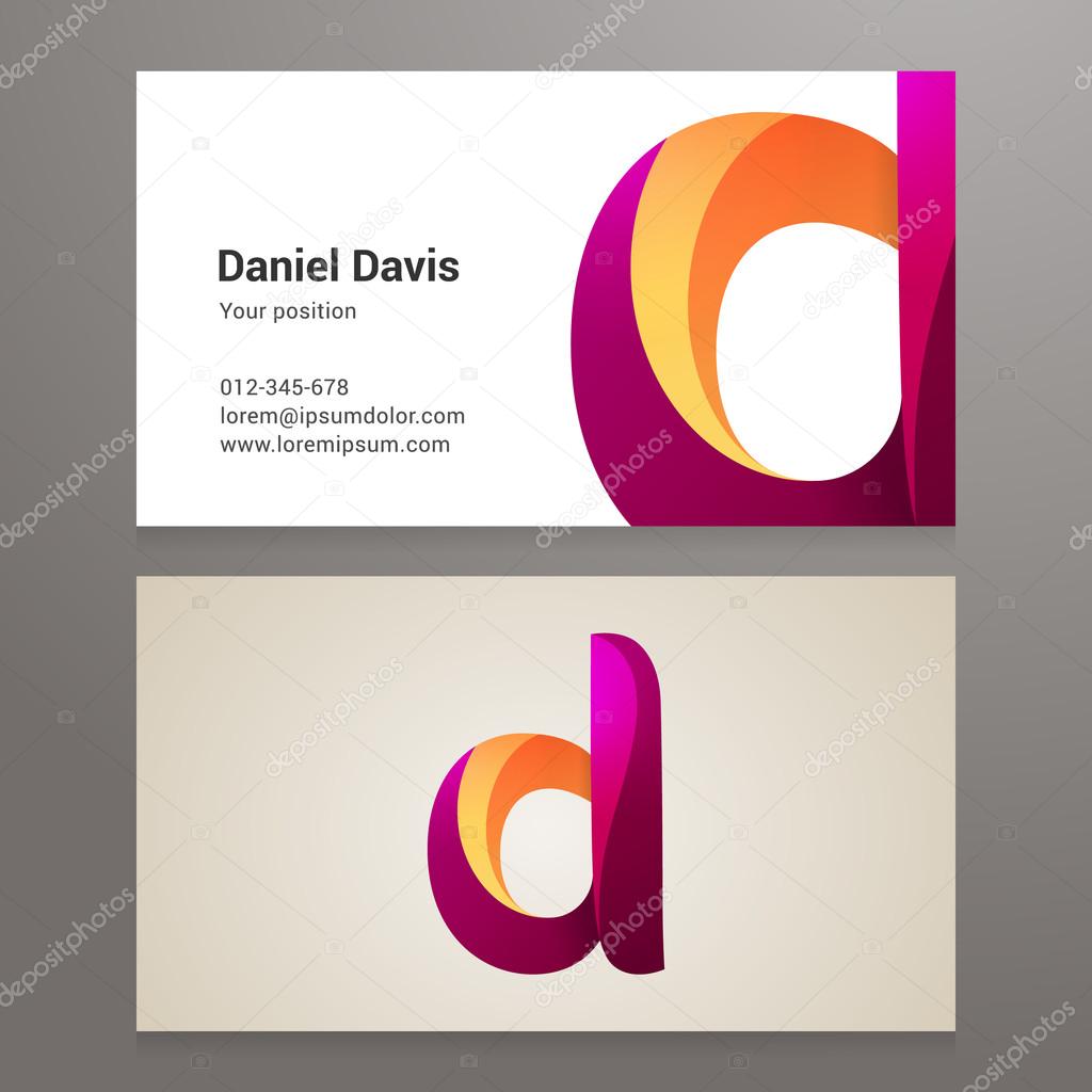 Modern letter D twisted colorful Business card template. Vector design. Layered, editable.