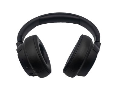 Beyaz arka planda siyah kablosuz kulaklık.