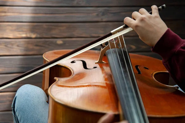 Girl Playing Cello Wooden Floor — Stock Photo, Image