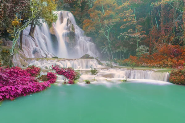 Cachoeira na floresta tropical (Tat Kuang Si Cachoeiras em Luang praba — Fotografia de Stock