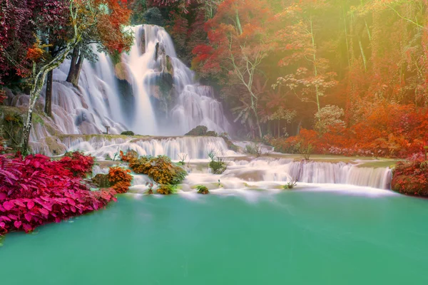 Cachoeira na floresta tropical (Tat Kuang Si Cachoeiras em Luang praba — Fotografia de Stock