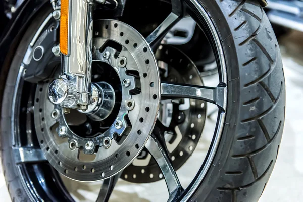 close up of motorbike brake in wheel