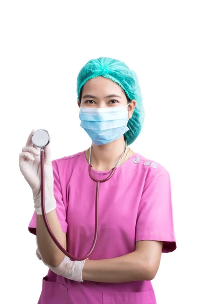 Portret Van Arts Arts Verpleegkundige Uniform Dragen Chirurgische Masker Staan — Stockfoto