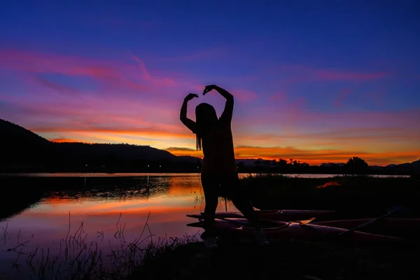 Woman Showing Heart Symbol Hands Sunset Lake River Love Freedom — Stock Photo, Image