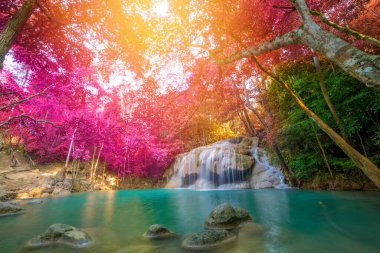 Şelale Erawan Şelalesi Ulusal Parkı 'ndaki ormanın derinliklerinde..