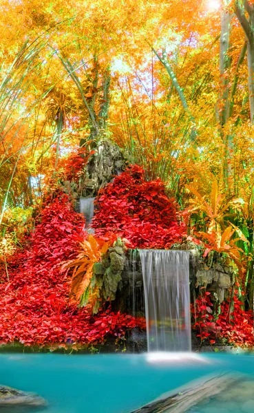Cudowny wodospad i czerwony liść w głębokim lesie, Parku Narodowego — Zdjęcie stockowe