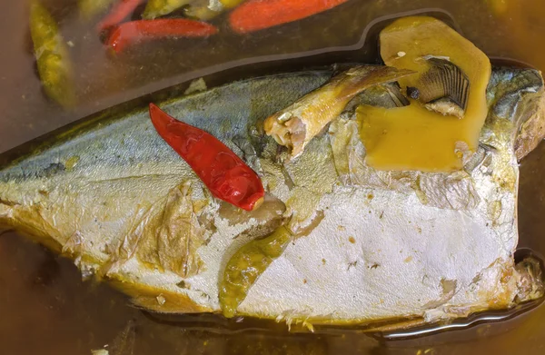 Pescado de caballa guisado en sopa salada, Platos de Tailandia — Foto de Stock