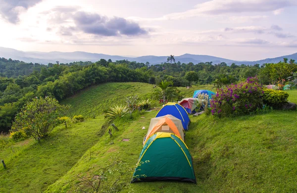 Camping tent in campground at national park with sunrise — Stock Photo, Image