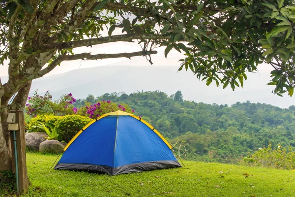 Tienda de campaña en el camping en el parque nacional con salida del sol — Foto de Stock