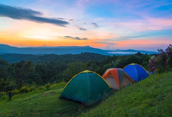 Camping tent in campground at national park with sunrise — Stock Photo, Image