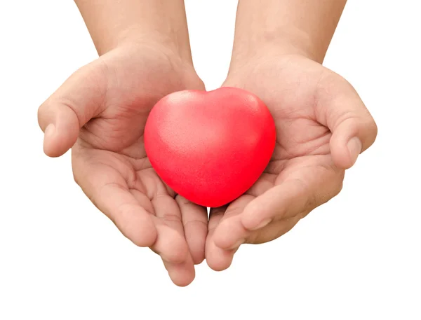 Sevgililer günü aşık gönderilen kırmızı kalp tutan el w izole — Stok fotoğraf