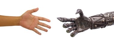 adam el karşılıklı beyaz backgrou izole cy-ber robot ile