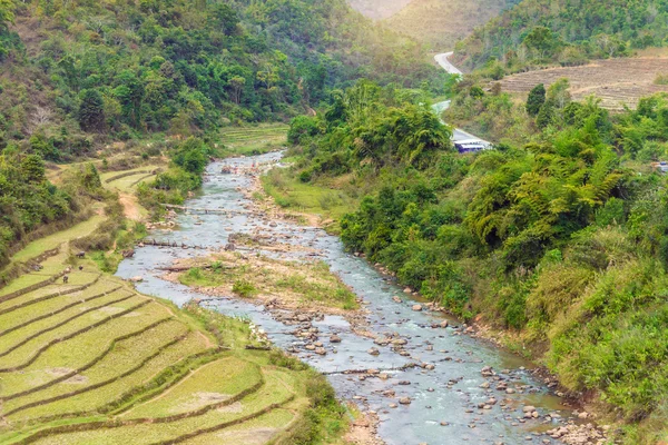 Beautiful landscape about terraced rice field with river in Myan — Stock Photo, Image