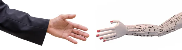 Рукопожатие человека с помощью робота Сай-бер, изолированного на белом бэкгру — стоковое фото
