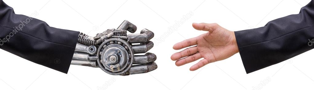 hand of man and cy-ber robot  hand in suit with handshake isolat