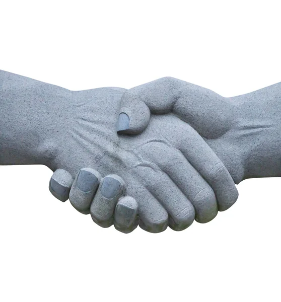 Stone sculpture of shaking hands isolated on white background — Stock Photo, Image