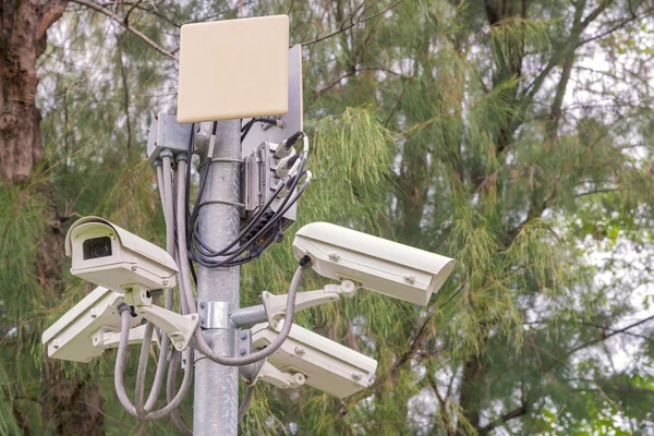 Câmera de CCTV de segurança e vídeo urbano no parque público — Fotografia de Stock