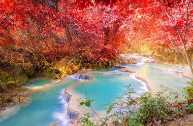Şelale (Tat Kuang Si Waterfalls Luang praba, yağmur ormanlarında