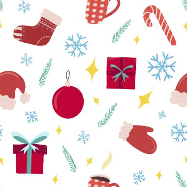 Noel Baba şapkası, çorabı, ruhu, hediye baox, kar tanesi, kağıt ve kumaş tasarımı için şeker ve fincanı olan pürüzsüz bir model..