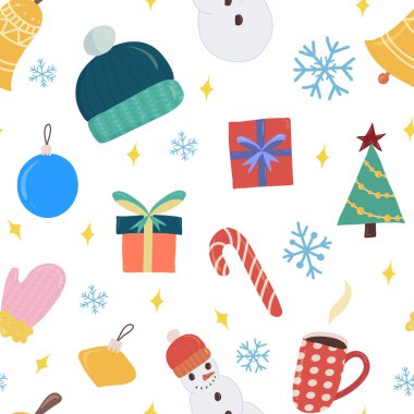 Hediye kutusu, kupa, kardan adam, şeker, Noel ağacı, çan, kağıt ve kumaş tasarımı için top.