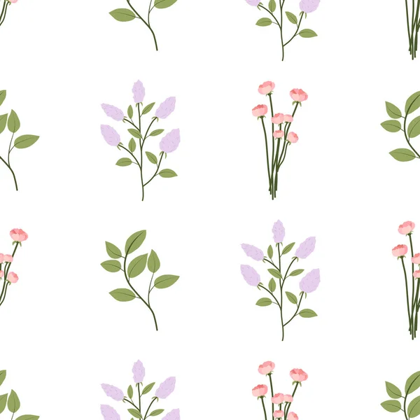 Florales nahtloses Muster mit grünen Blättern, fliederfarbenem Zweig, kleinem Rosenstrauß. — Stockvektor