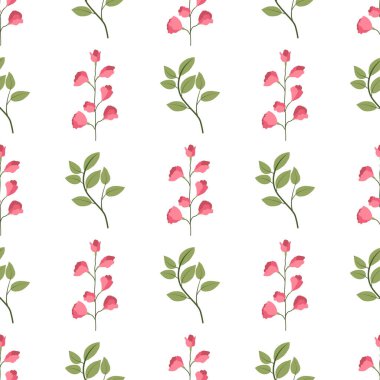 Çiçeksiz desenli yeşil yapraklı dallar ve pembe bezelye çiçekleri..