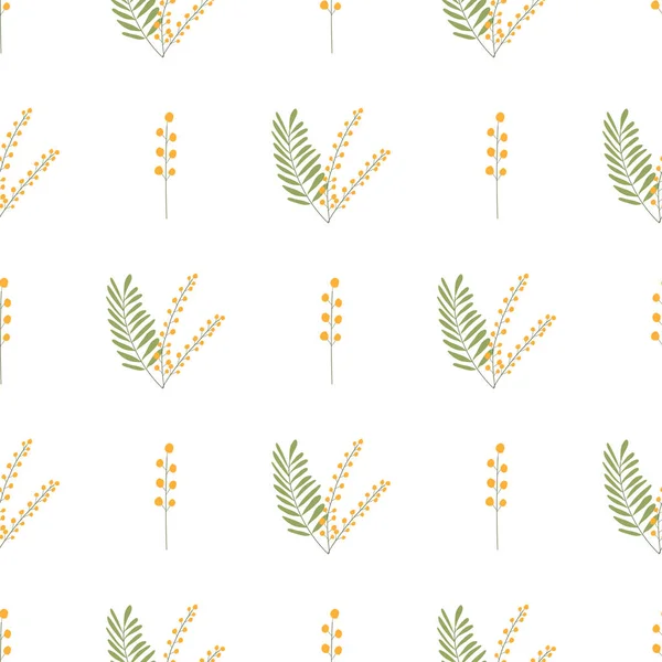 Branche de mimosa jaune avec des feuilles motif sans couture. — Image vectorielle