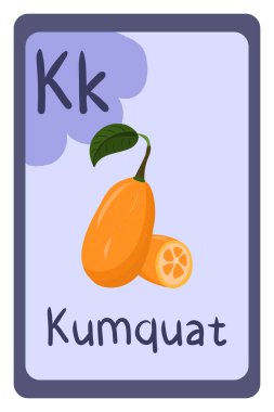 Karikatür şeklinde renkli arkaplanda Abc-education bellek kartı. K harfi - kumkuat.