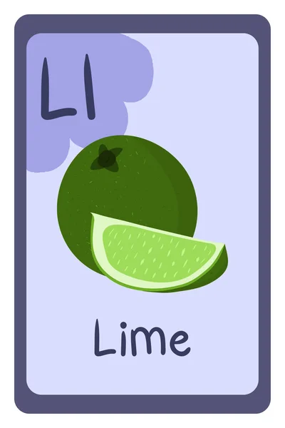 Abc-Lernkarte im Cartoon-Stil auf buntem Hintergrund. Buchstabe L - Limette. — Stockvektor