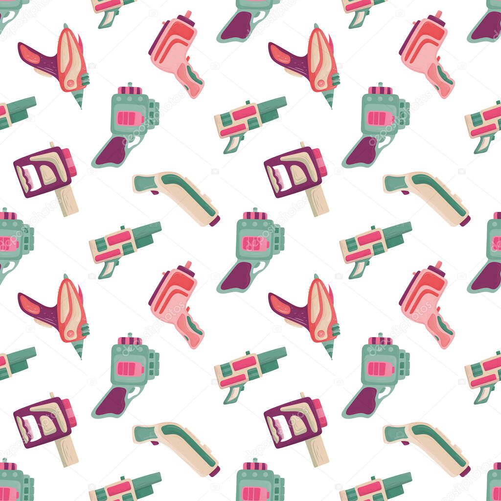 Seamless pattern with futuristic colorful blaster for fabric