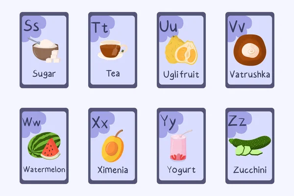 Цветной алфавит Буква S, T, U, V, W, X, Y, Z - сахар, чай, фрукты угли, ватрушка, арбуз, ксимения, йогурт, цуккини. — стоковый вектор