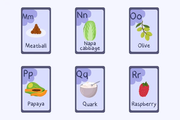 Барвистий алфавіт картки Літера M, N, O, P, Q, R - фрикаделька, капуста, оливкова, папайя, кварк, малинова . — стоковий вектор