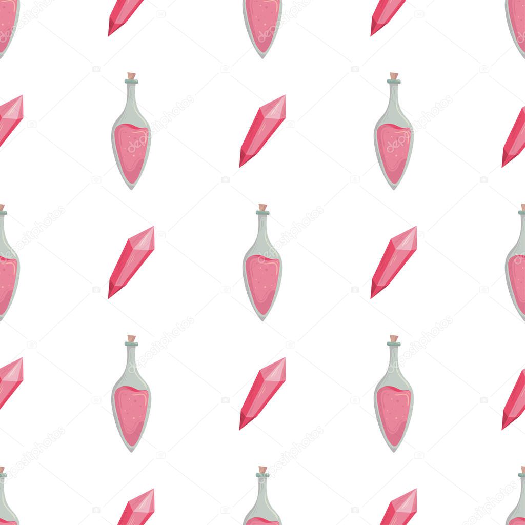 Witch seamless pattern with pink crystal and potion bottle