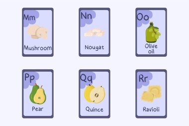 Colorful alphabet flashcard Letter M, N, O, P, Q, R - mushroom, nougat, olive oil, pear, quince, ravioli.