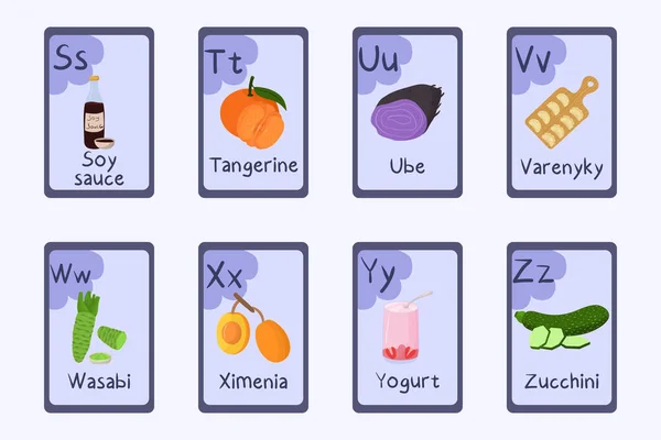 Цветной алфавит Буква S, T, U, V, W, X, Y, Z - соевый соус, мандарин, ube, varenyky, wasabi, ximenia, йогурт, цуккини. — стоковый вектор